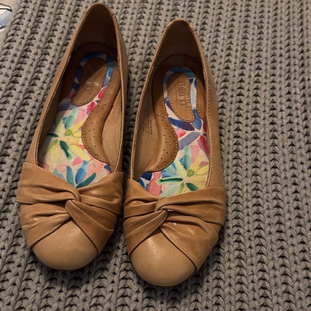 Born Tan Leather Flats with Knotted Design